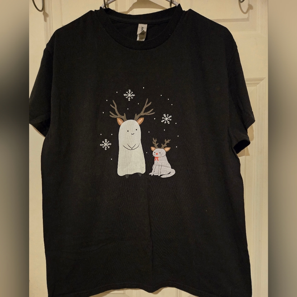 Black Shirt with Cute Ghost Reindeer Design